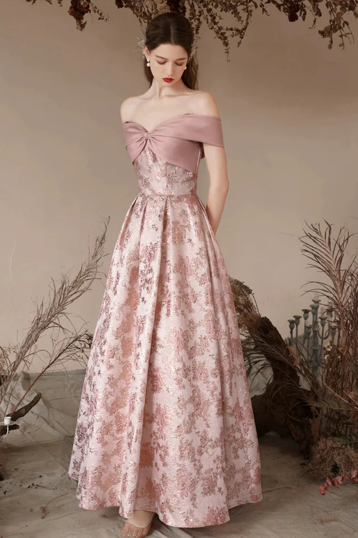 Pink Printed Long Prom Party Dress, Beautiful Off the Shoulder Evening Dress